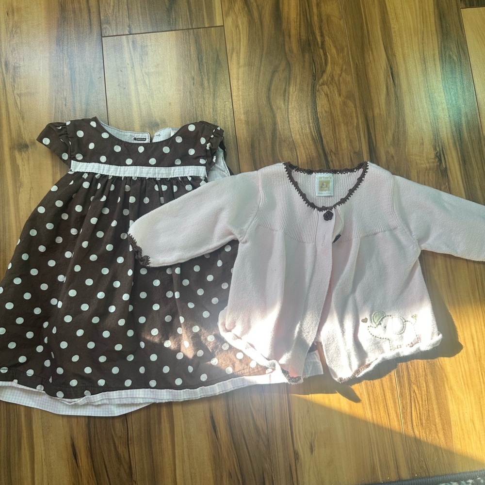 Carter's Pink Knit Cardigan with Brown Trim and Brown dress with Pink polka dots